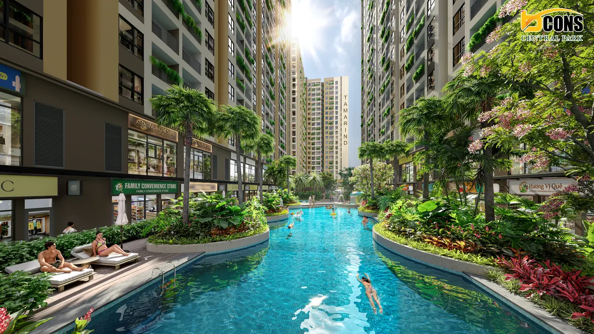 Hồ bơi và mảng xanh nội khu Bcons Central Park