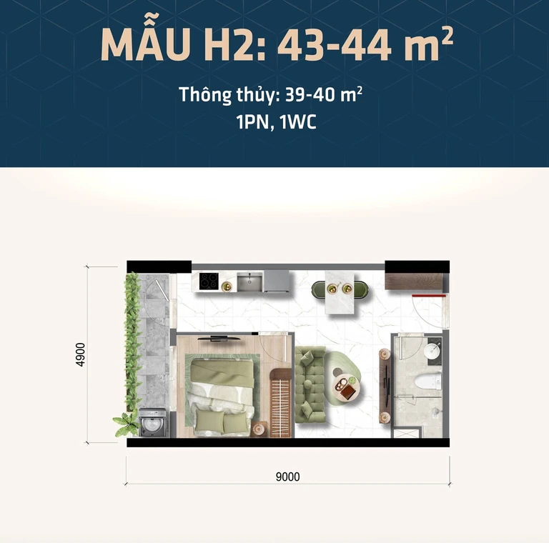 Mặt bằng căn hộ 1 phòng ngủ Mẫu H2, 1 PN · 1 WC