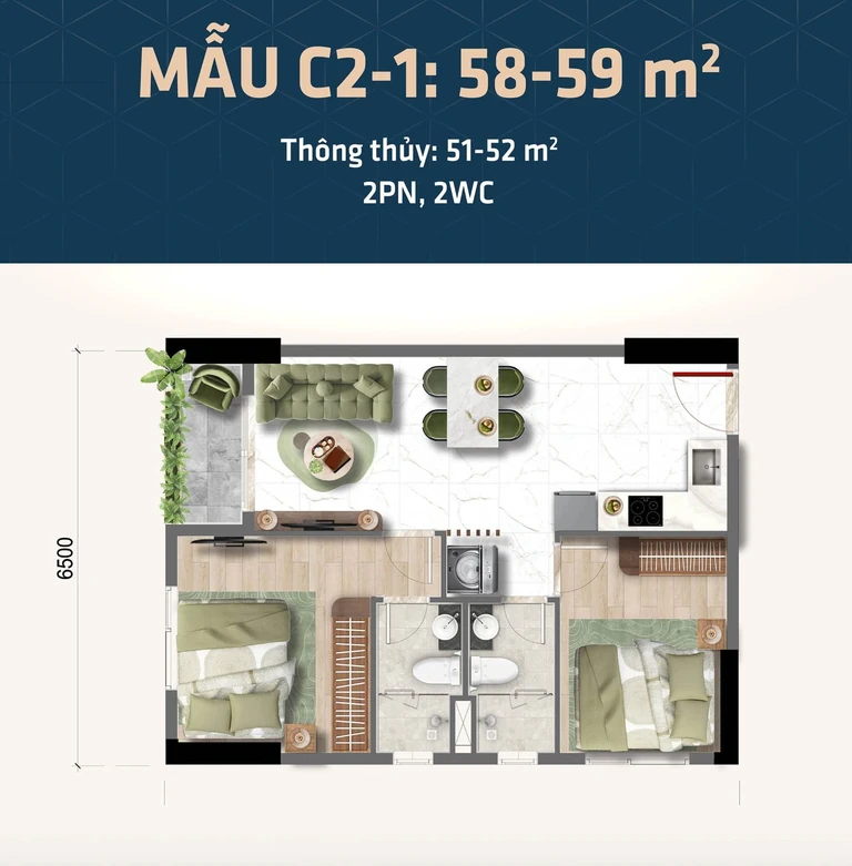 Mặt bằng căn hộ 2 phòng ngủ Mẫu C2-1, 2 PN · 2 WC