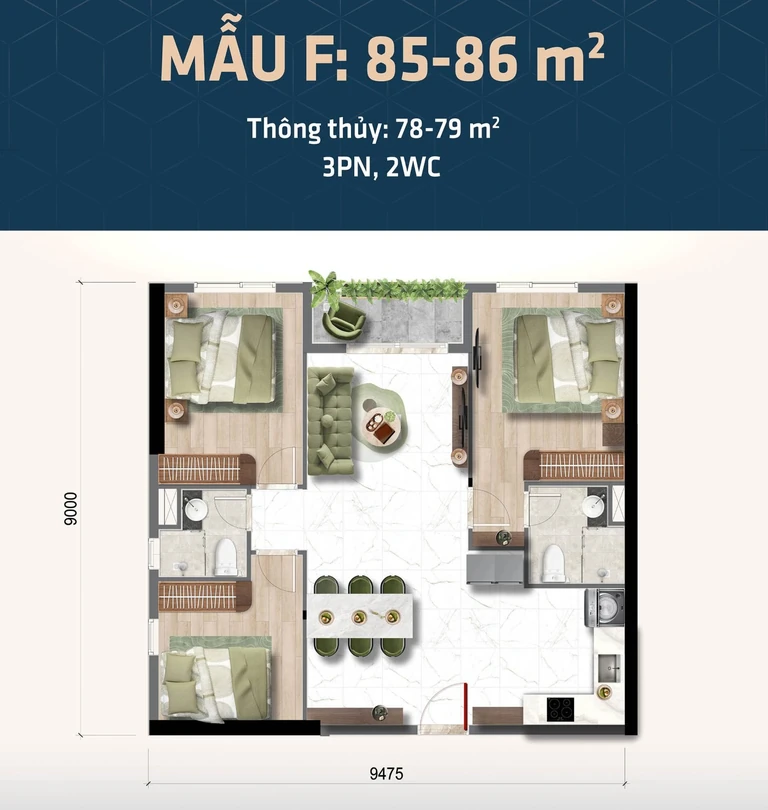 Mặt bằng căn hộ 3 phòng ngủ Mẫu F, 3 PN · 2 WC