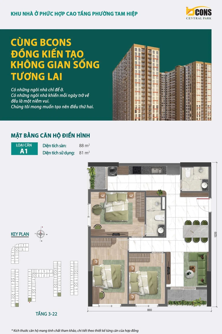 Mặt bằng căn hộ điển hình loại A1 — 88 m² sàn, 81 m² sử dụng