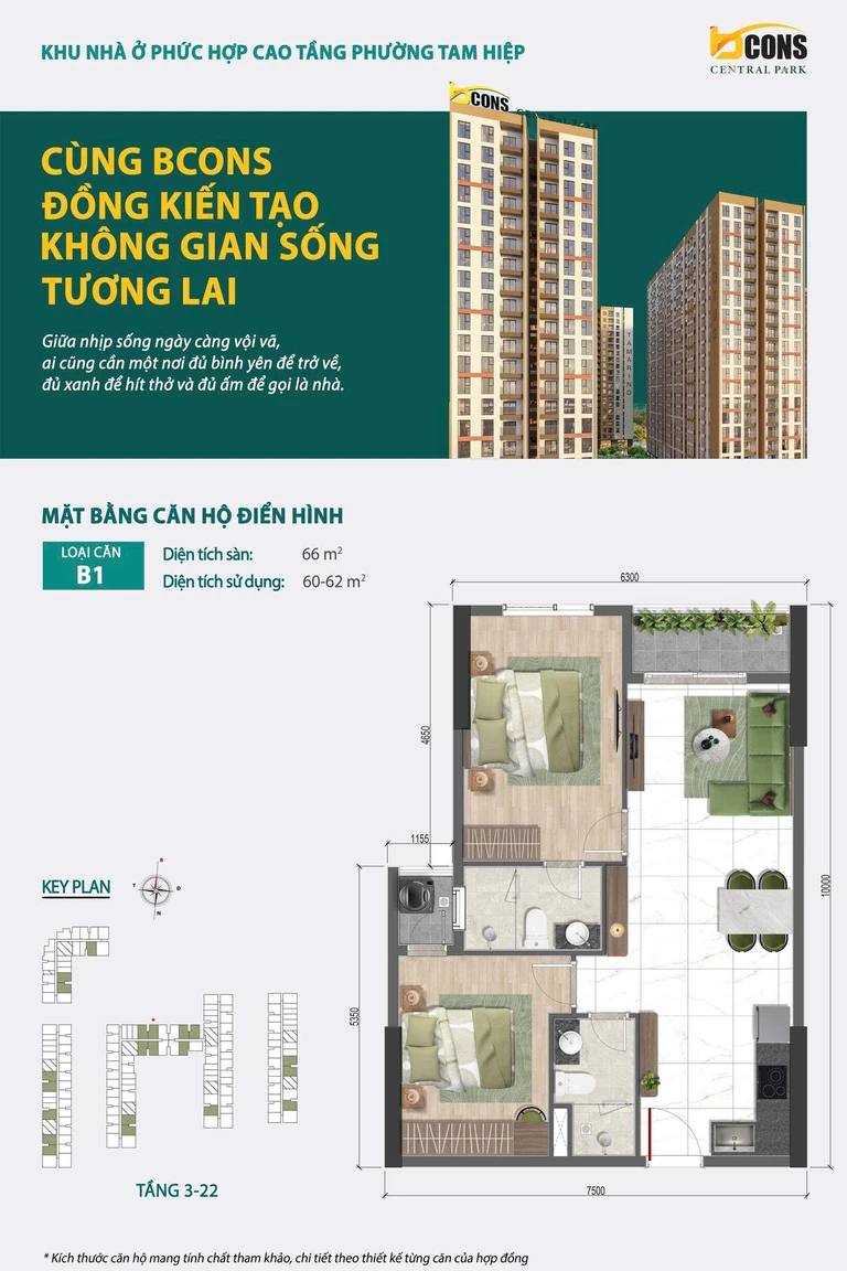 Mặt bằng căn hộ điển hình loại B1 — 66 m² sàn