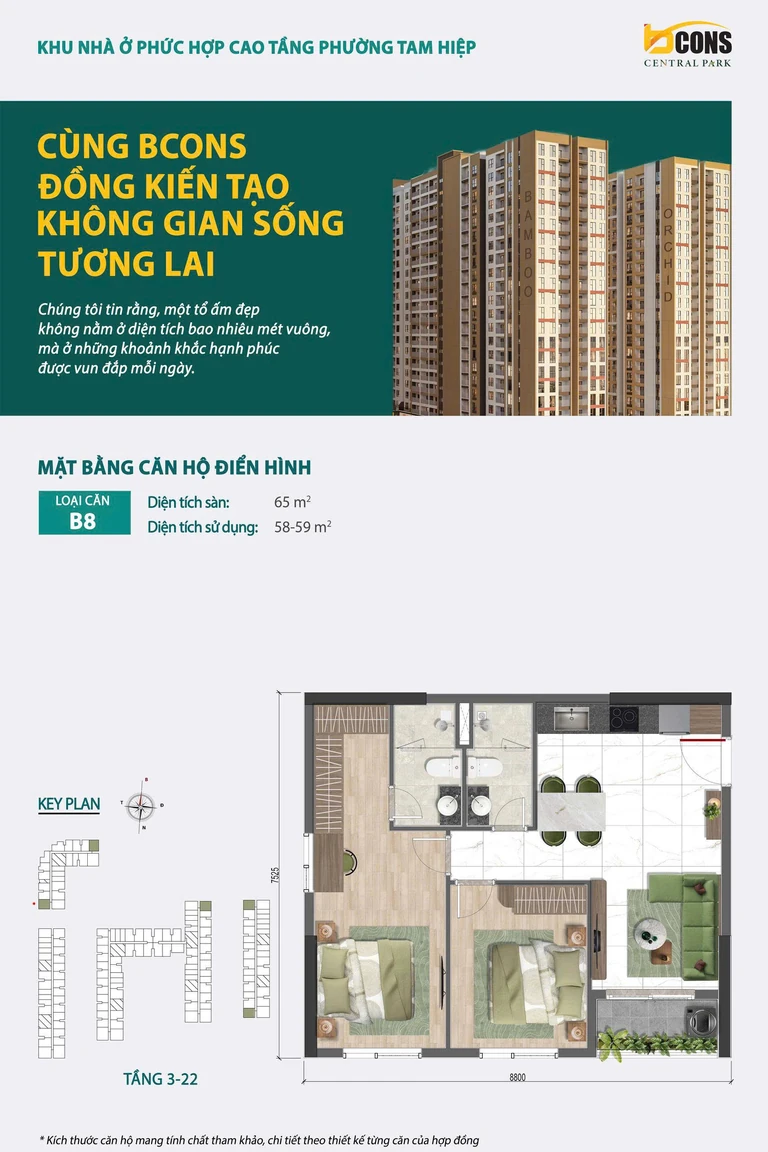 Mặt bằng căn hộ điển hình loại B8 — 65 m² sàn